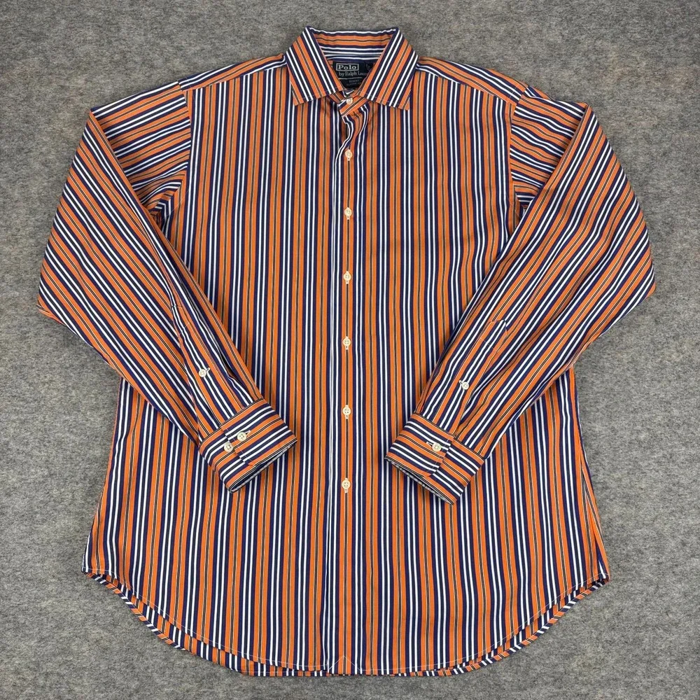 Polo Ralph Lauren Button Up Shirt Regent Classic Fit Striped Orange Mens 16 L